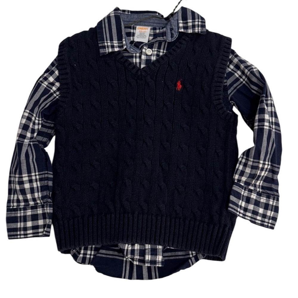 Polo Ralph Lauren Navy Cable Knit Sweater Vest + Gymboree Plaid Shirt Set 4T